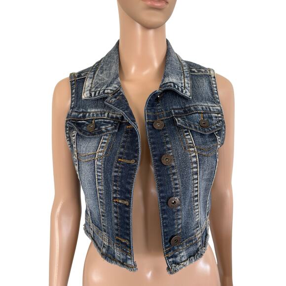 Y2K Mudd Cropped Micro Denim Vest Streetwear Casual Fitted Distressed Blue Jean - Picture 2 of 8